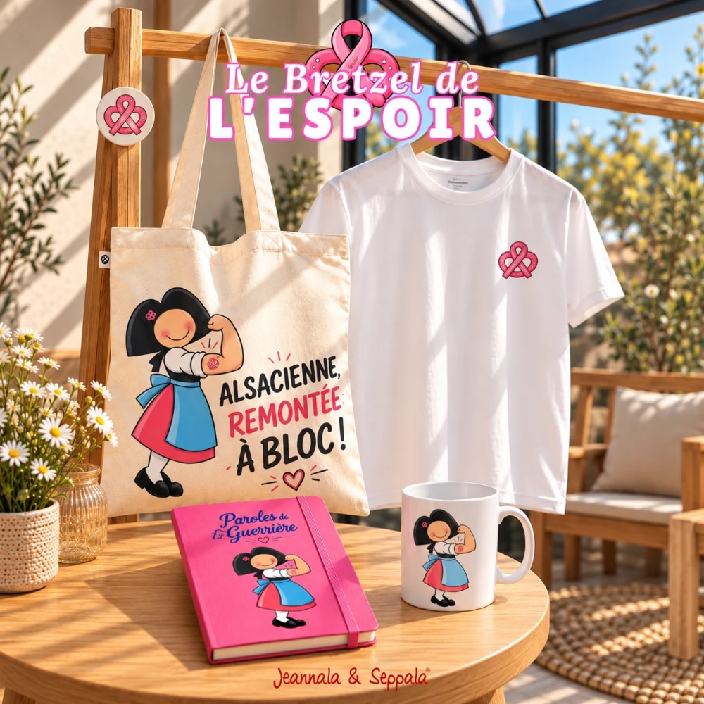 Collection Bretzel de l'Espoir tote bag t-shirt mug carnet alsacien