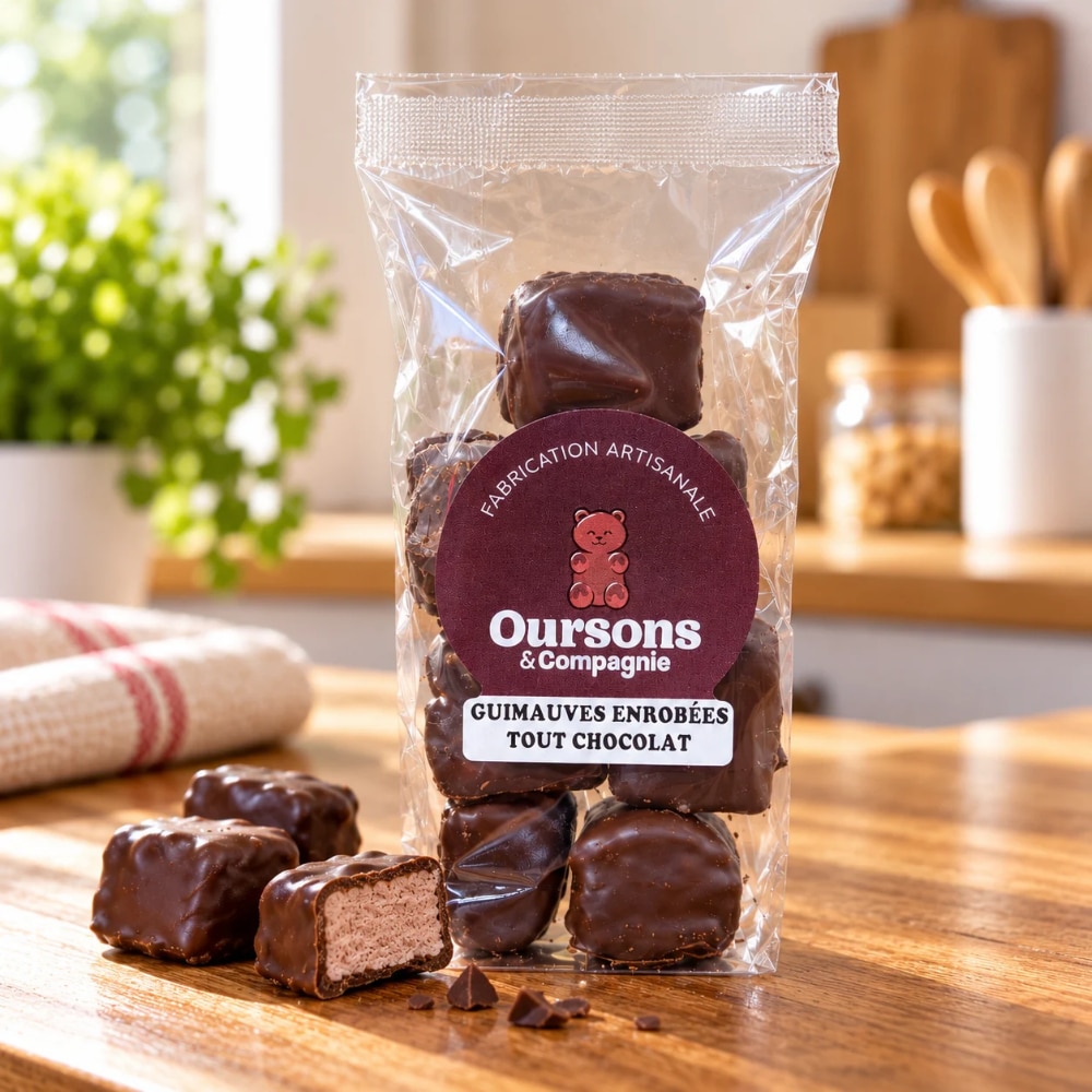Sachet de guimauves enrobées de chocolat artisanales