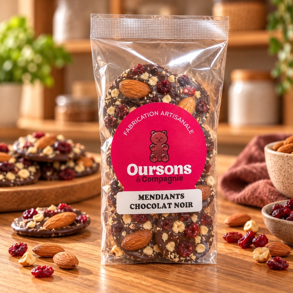 Sachet de mendiants chocolat noir aux amandes et cranberries