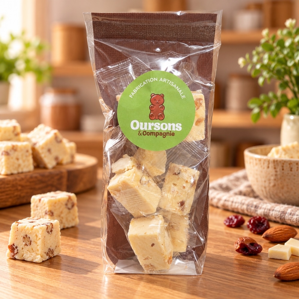 Sachet de nougats artisanaux Oursons et Compagnie sur table