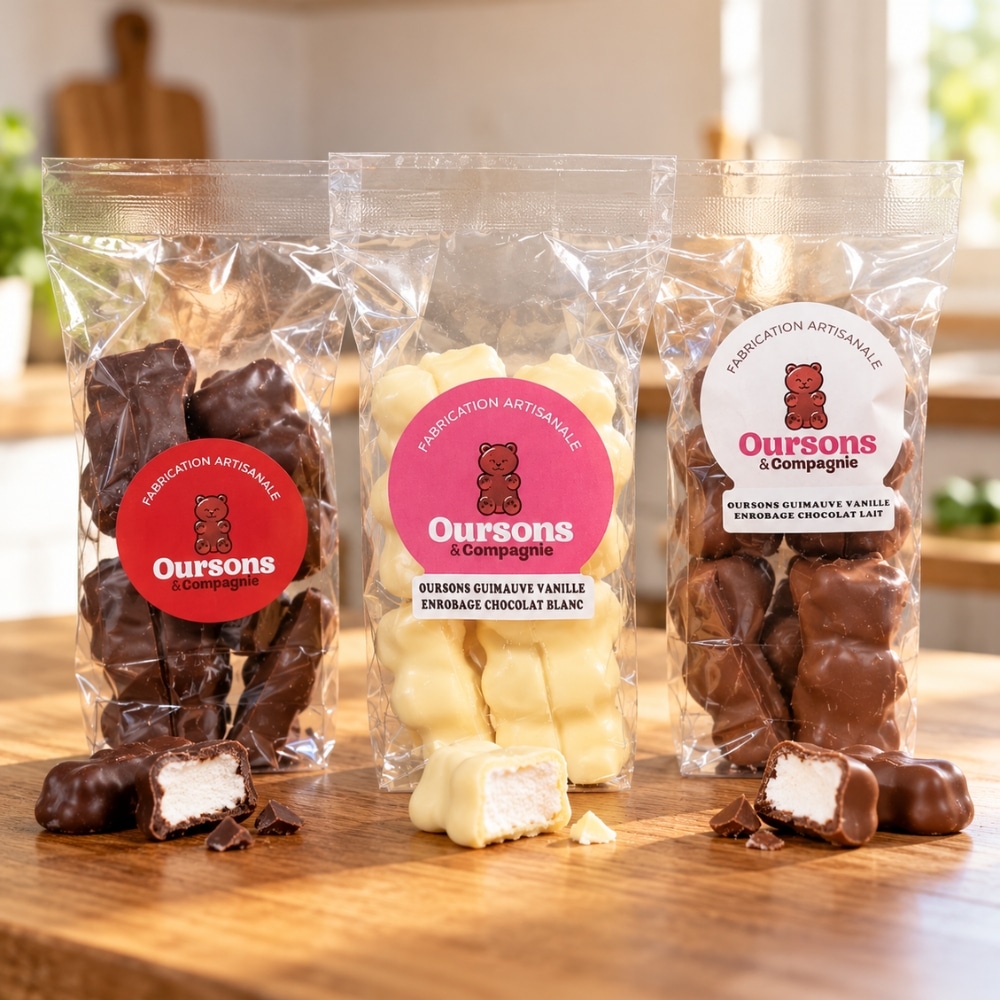 Trois sachets d'oursons guimauve enrobés de chocolat