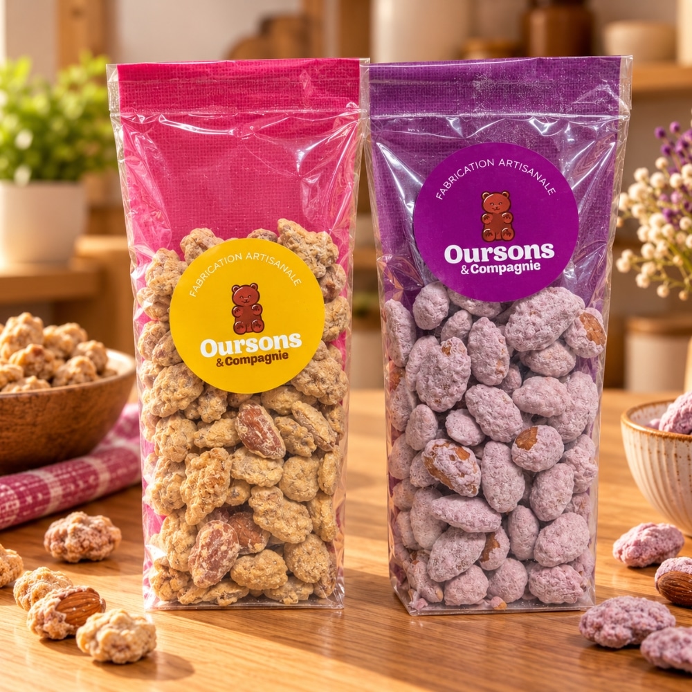 Deux sachets d'amandes caramélisées artisanales Oursons et Compagnie