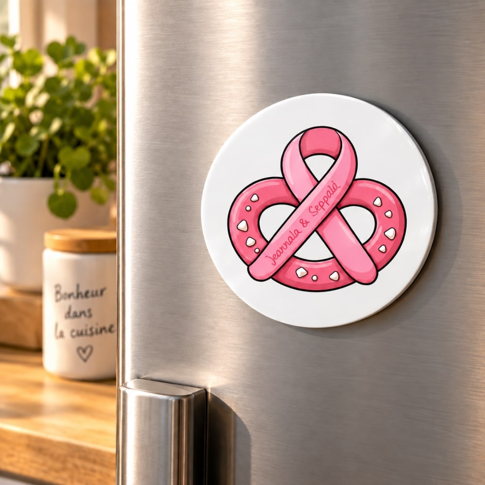 Magnet rond réfrigérateur bretzel rose personnalisé Jeannala Seppalä