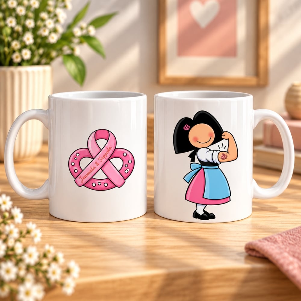 Deux mugs blancs ruban rose cancer sein personnage alsacien