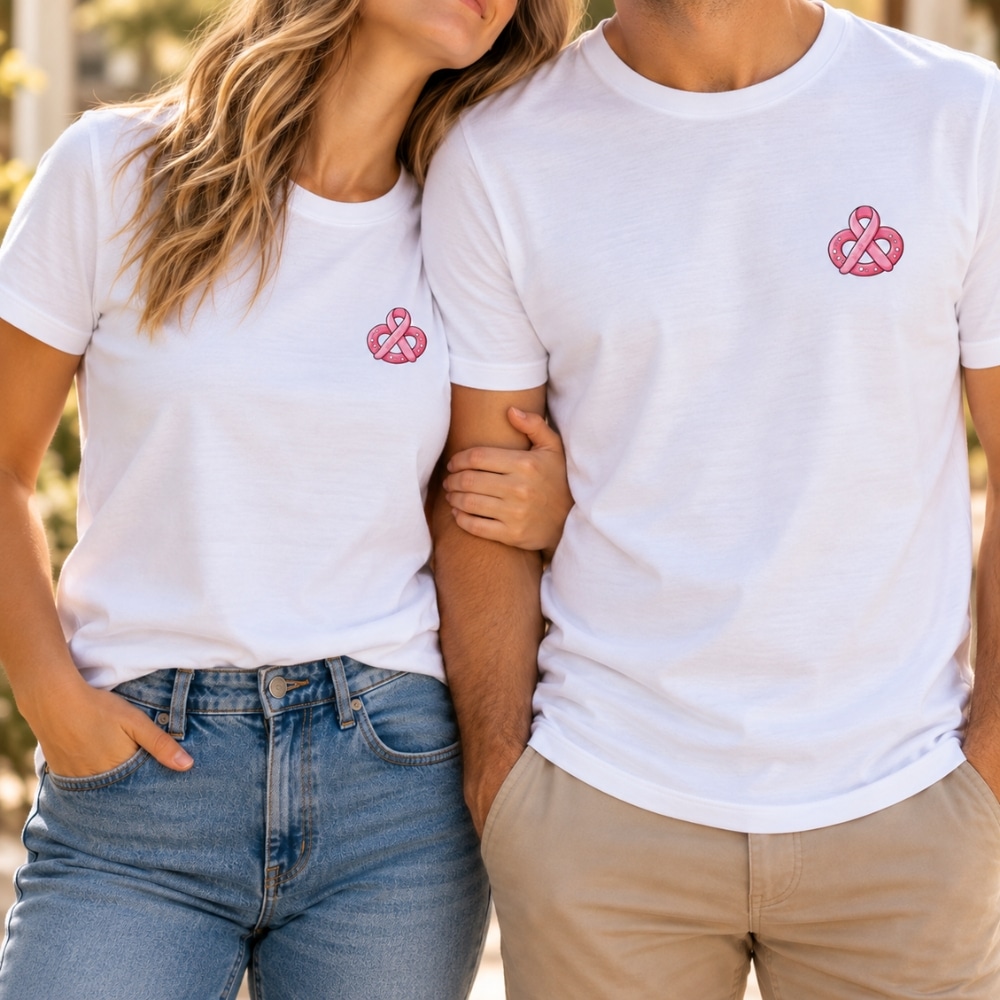 Couple portant des t-shirts blancs avec ruban rose cancer du sein