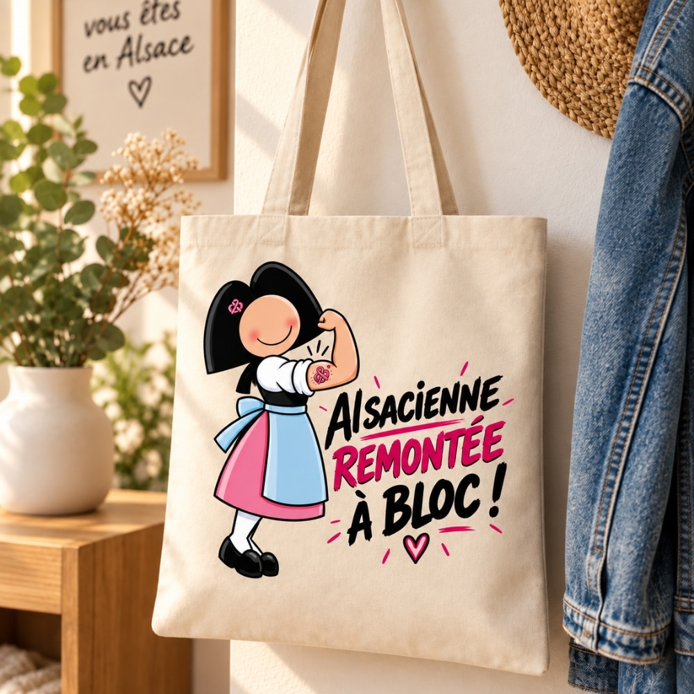 Tote bag Alsacienne remontée à bloc avec illustration costume traditionnel
